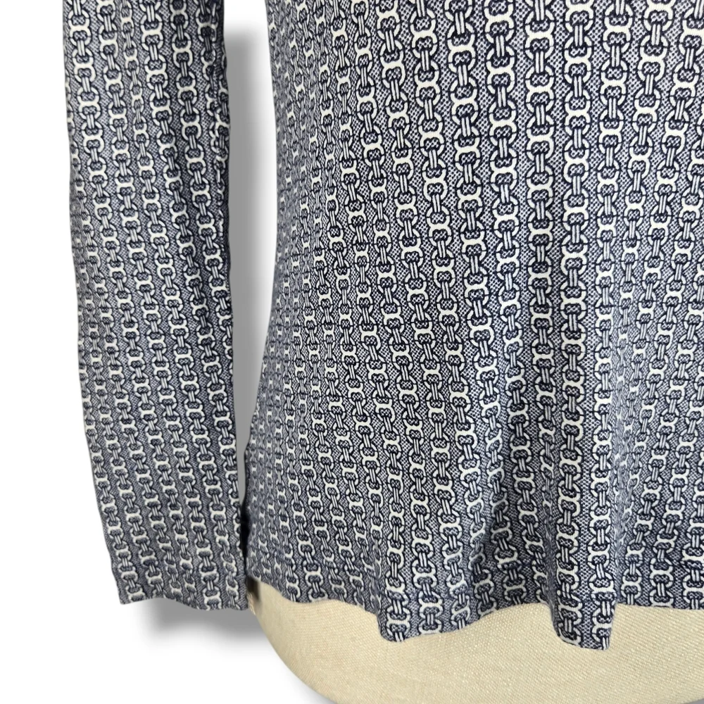 Tory Burch Knit Top Small Navy White Link Print T-shirt Red Metal Logo Womens
